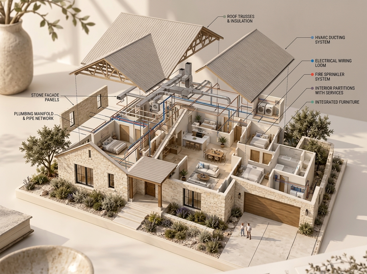 Illustrative limestone home opened to reveal its rooms and layout.